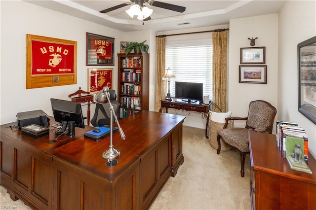 1829 Fury Way, Virginia Beach, VA 23456 - office area with light colored carpet, a ceiling fan, a tray ceiling, and visible vents
