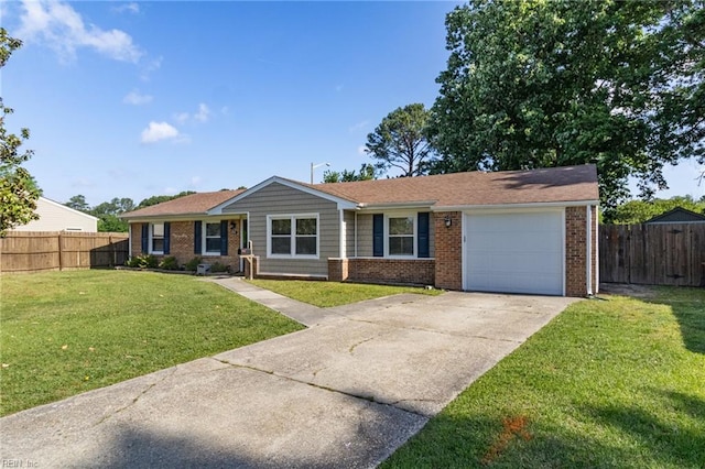ranch-style home with driveway, brick siding, and a garage