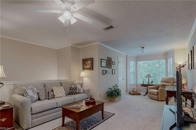 living area featuring carpet floors, ceiling fan, ornamental molding, and a textured ceiling