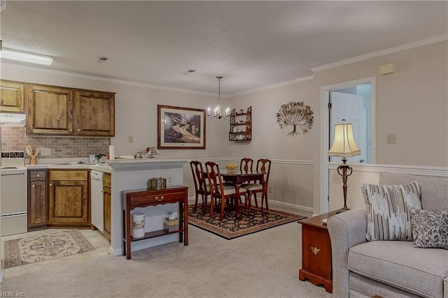 interior space featuring crown molding, light colored carpet, a textured ceiling, and a chandelier