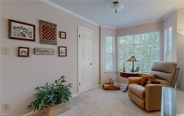 living area featuring crown molding, baseboards, plenty of natural light, and carpet flooring