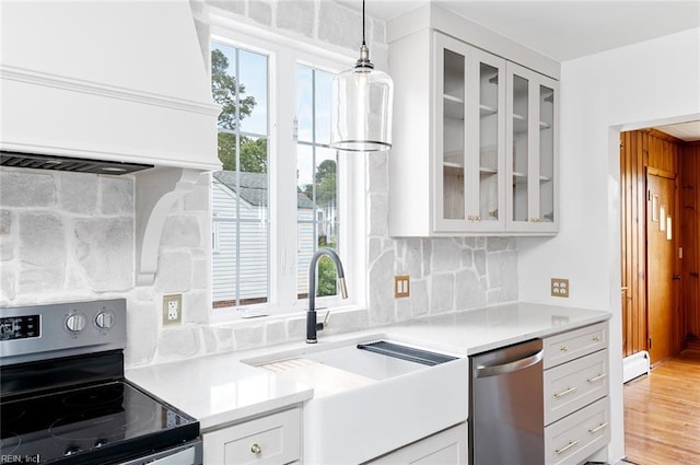 kitchen with appliances with stainless steel finishes, glass insert cabinets, a sink, and custom range hood