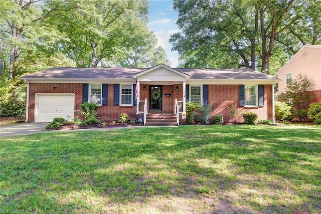 single story home with a garage, driveway, brick siding, and a front yard