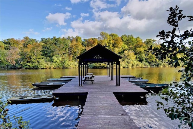 dock area featuring a water view and a view of trees