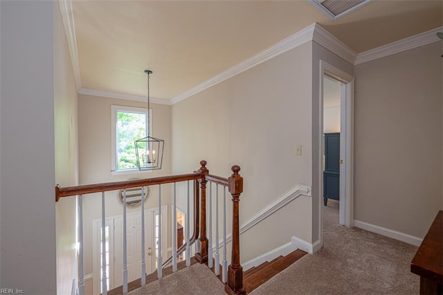 1130 Crystalwood Cir, Chesapeake, VA 23320 - corridor with a chandelier, carpet, an upstairs landing, visible vents, and ornamental molding