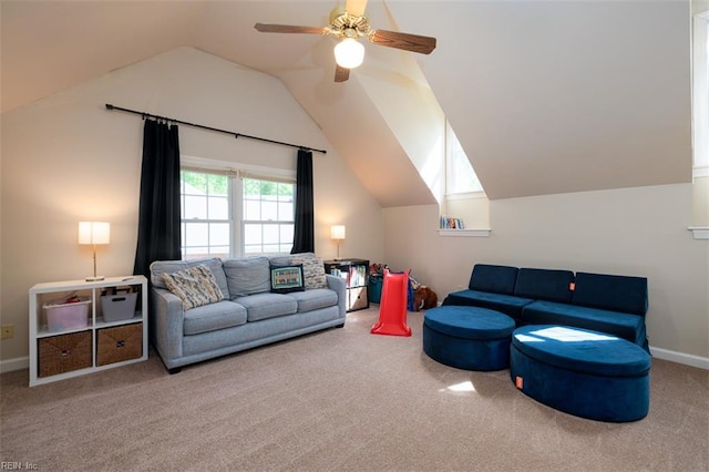 1130 Crystalwood Cir, Chesapeake, VA 23320 - carpeted living room with baseboards, a ceiling fan, and lofted ceiling