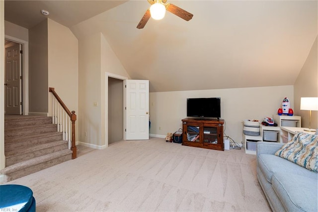 1130 Crystalwood Cir, Chesapeake, VA 23320 - living room with ceiling fan, light carpet, baseboards, lofted ceiling, and stairway