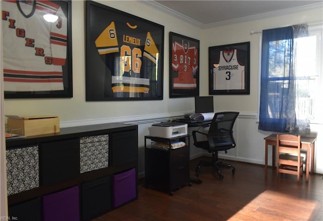 office area featuring crown molding, plenty of natural light, and dark wood-style flooring