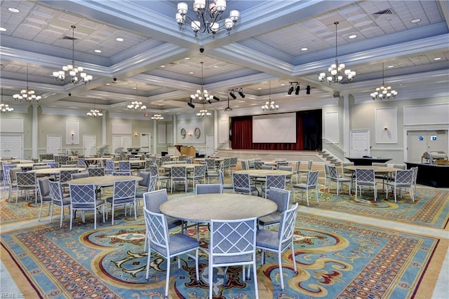dining space with visible vents, beamed ceiling, coffered ceiling, and a notable chandelier