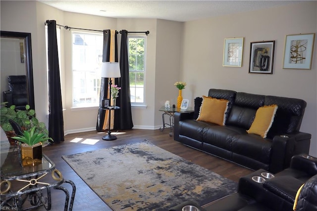 living area featuring wood finished floors and baseboards