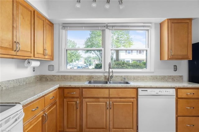 kitchen with range with electric stovetop, light countertops, brown cabinets, a sink, and dishwasher