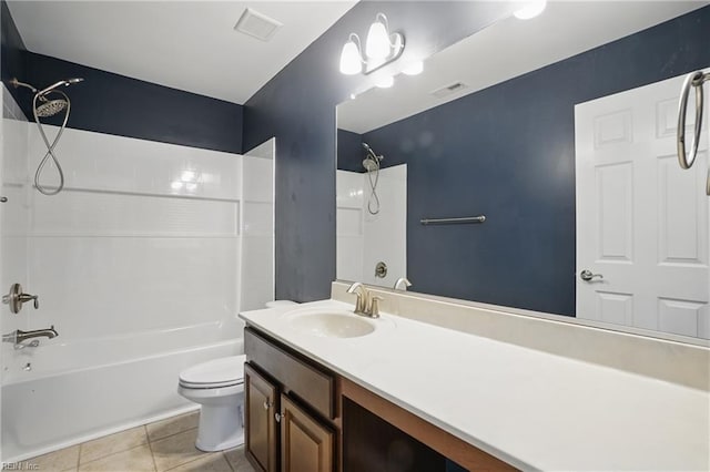 full bathroom with washtub / shower combination, vanity, toilet, tile patterned floors, and visible vents