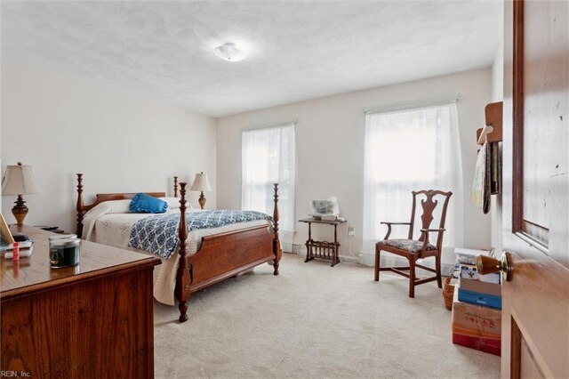 bedroom featuring light carpet