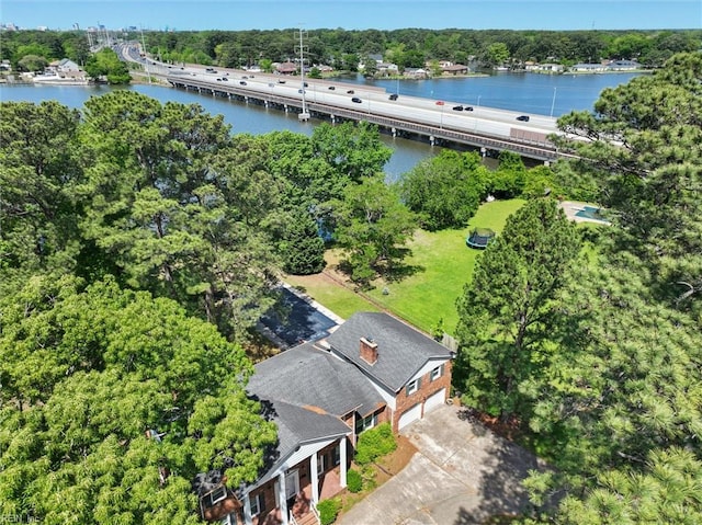 drone / aerial view featuring a water view