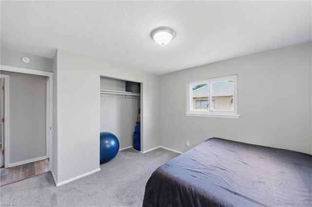 bedroom featuring carpet flooring, baseboards, and a closet