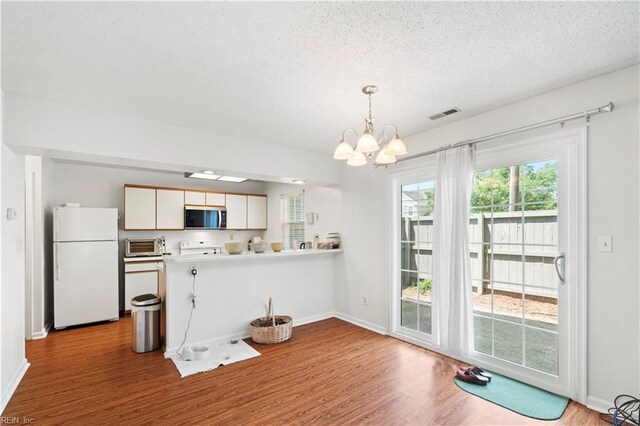 unfurnished dining area featuring wood finished floors, a chandelier, a textured ceiling, and baseboards