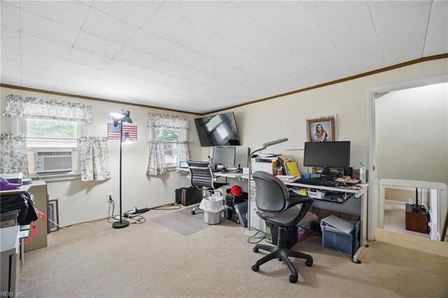 home office with crown molding, carpet, and cooling unit