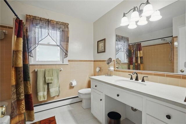 bathroom with toilet, tile patterned floors, tile walls, curtained shower, and a baseboard radiator