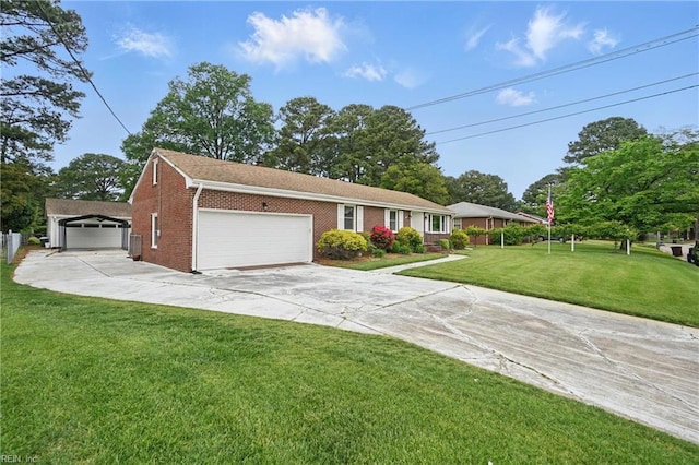 ranch-style house with brick siding, a garage, driveway, and a front yard