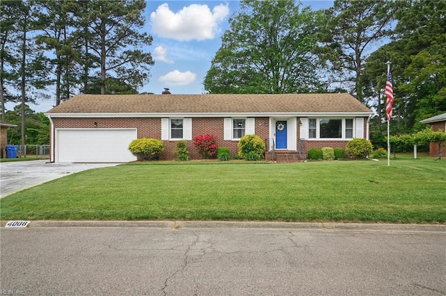 ranch-style house with brick siding, a garage, a front yard, a chimney, and concrete driveway