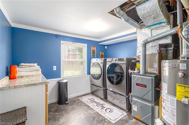 1628 Red Brook Ct, Norfolk, VA 23518 - laundry area featuring water heater, a wainscoted wall, crown molding, and washer and clothes dryer