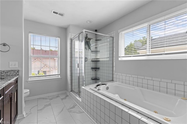 159 Stoney Ridge Ave, Suffolk, VA 23435 - bathroom featuring vanity, marble finish floor, a tub with jets, visible vents, and a stall shower