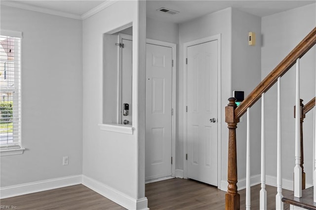 159 Stoney Ridge Ave, Suffolk, VA 23435 - entrance foyer featuring baseboards, dark wood-style flooring, visible vents, and stairway