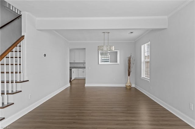 159 Stoney Ridge Ave, Suffolk, VA 23435 - unfurnished dining area featuring crown molding, visible vents, baseboards, dark wood-style floors, and stairway