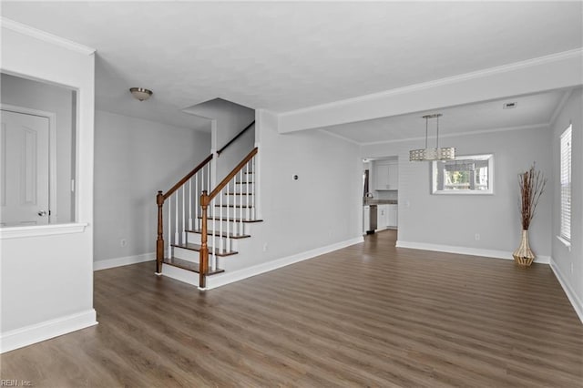159 Stoney Ridge Ave, Suffolk, VA 23435 - unfurnished living room with baseboards, stairs, wood finished floors, and a chandelier