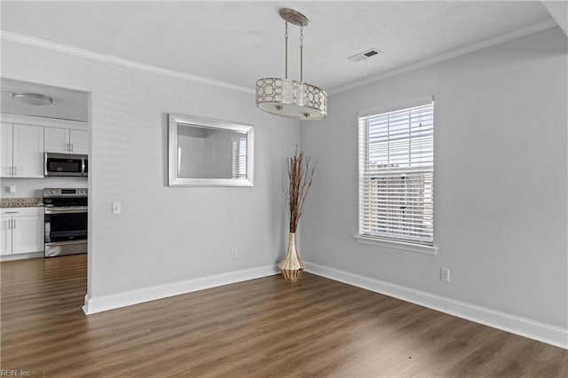 159 Stoney Ridge Ave, Suffolk, VA 23435 - unfurnished dining area with dark wood-style floors, baseboards, visible vents, and ornamental molding