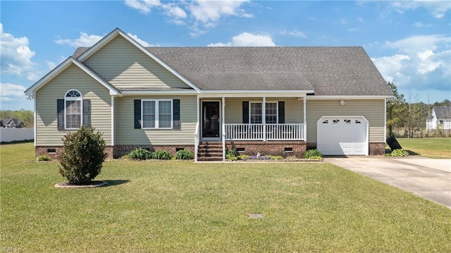 view of front of house featuring a garage, a porch, driveway, and crawl space