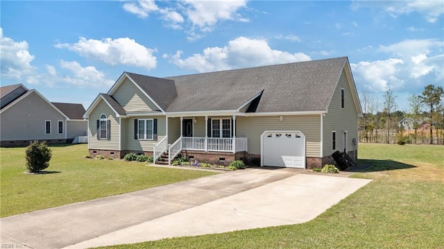 ranch-style home with a garage, a front yard, crawl space, covered porch, and driveway