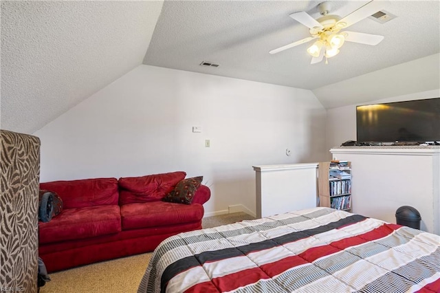 carpeted bedroom featuring a ceiling fan, baseboards, visible vents, and lofted ceiling