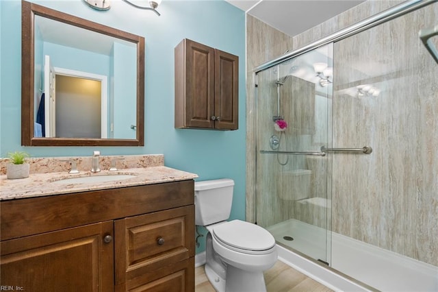 full bathroom featuring toilet, a shower stall, and vanity