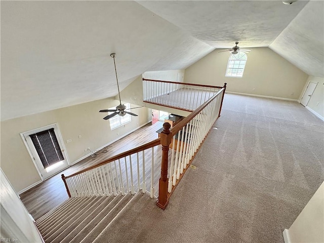 stairs featuring carpet floors, a ceiling fan, baseboards, and lofted ceiling