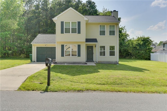 view of front facade featuring concrete driveway, a chimney, an attached garage, and a front lawn
