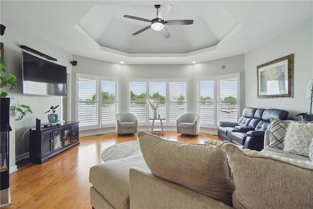 living room featuring plenty of natural light, a raised ceiling, and light wood-type flooring