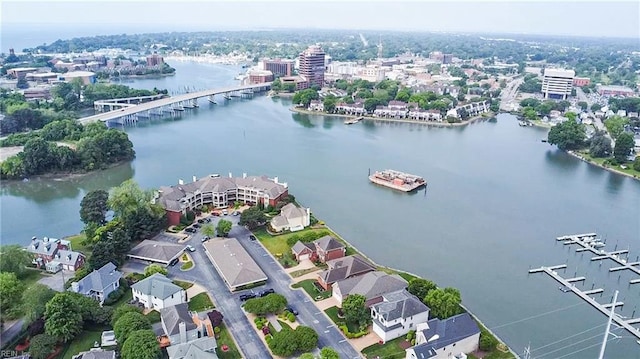 birds eye view of property featuring a water view