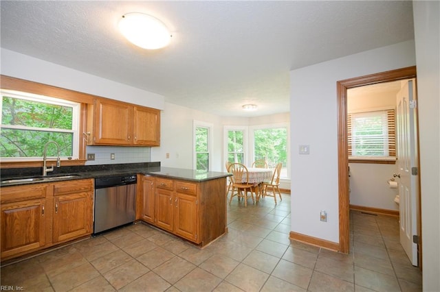 kitchen featuring a sink, plenty of natural light, a peninsula, and dishwasher