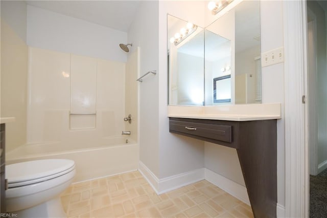 full bath with toilet, baseboards, tub / shower combination, and vanity