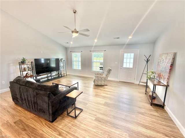 107 Mill Creek Rd, Edenton, NC 27932 - living area with lofted ceiling, light wood-style flooring, ceiling fan, baseboards, and recessed lighting