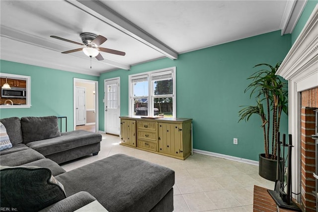 1101 Revelstroke Ct, Virginia Beach, VA 23454 - living room featuring baseboards, a ceiling fan, light tile patterned floors, and beamed ceiling