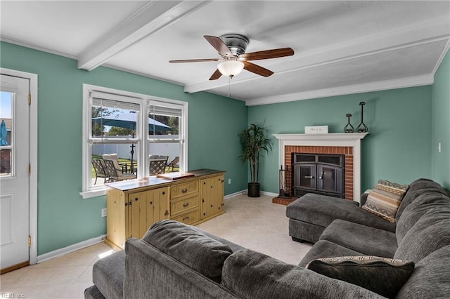 1101 Revelstroke Ct, Virginia Beach, VA 23454 - living room featuring light tile patterned flooring, ceiling fan, baseboards, a fireplace, and beamed ceiling