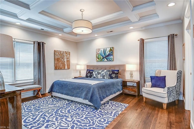bedroom featuring hardwood / wood-style floors, visible vents, beam ceiling, and coffered ceiling