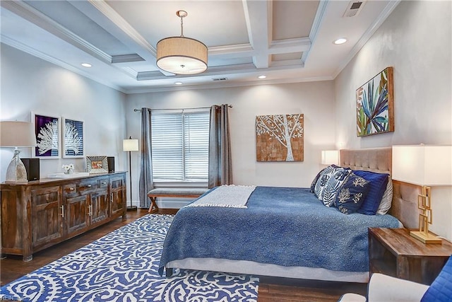 bedroom featuring crown molding, dark wood-type flooring, beamed ceiling, visible vents, and coffered ceiling