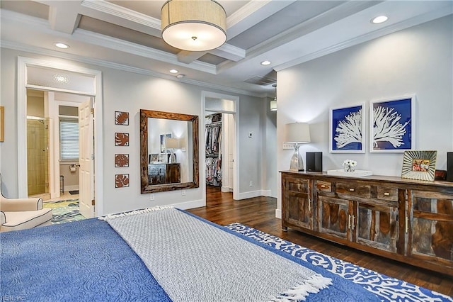 bedroom with crown molding, wood finished floors, recessed lighting, a spacious closet, and coffered ceiling
