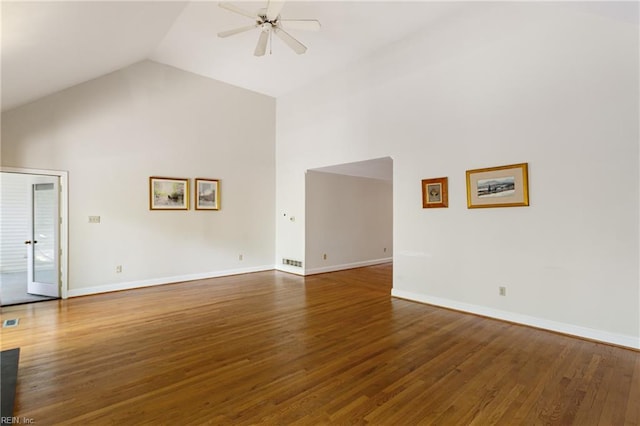 200 Moodys Run, Williamsburg, VA 23185 - unfurnished living room featuring a ceiling fan, wood finished floors, high vaulted ceiling, and baseboards