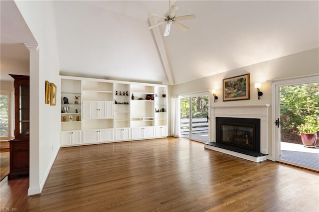 200 Moodys Run, Williamsburg, VA 23185 - unfurnished living room with high vaulted ceiling, healthy amount of natural light, wood finished floors, a ceiling fan, and a glass covered fireplace