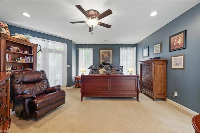 office area featuring baseboards, a ceiling fan, recessed lighting, and light colored carpet