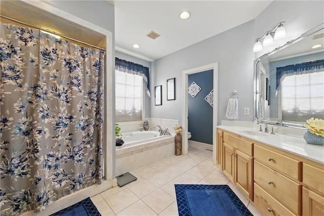 full bath featuring a shower with curtain, a bath, tile patterned flooring, vanity, and toilet
